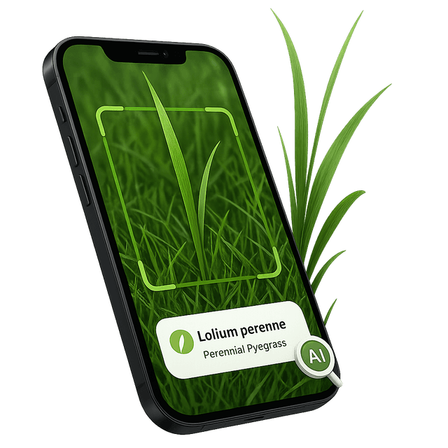 Grass Identifier app identifying a lawn grass species by photo on iPhone