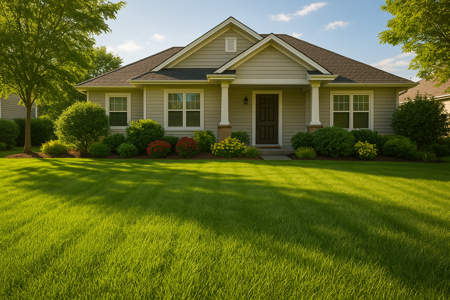 Beautiful manicured front yard lawn in summer sunshine with lush green grass