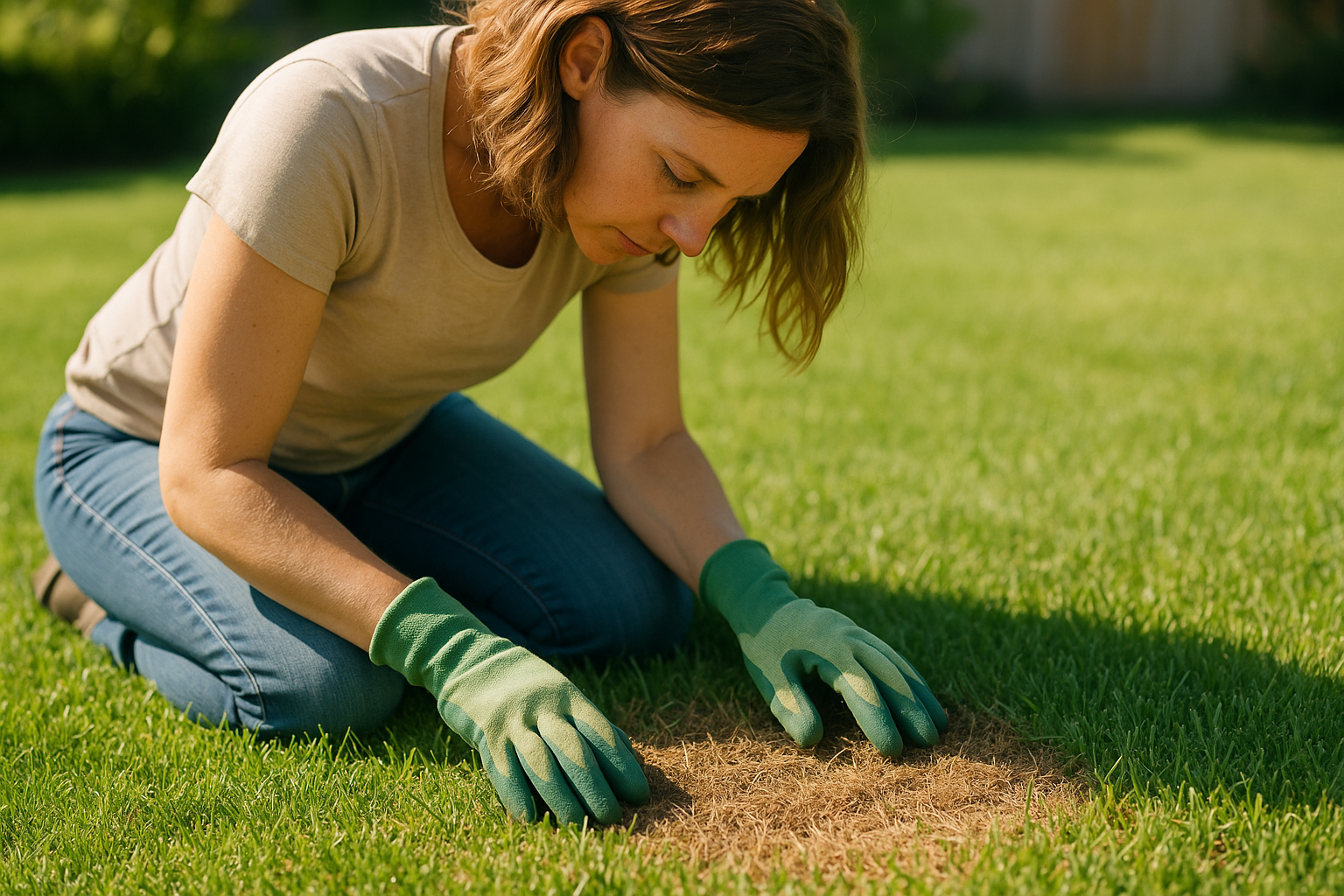 Person kneeling on lawn examining a brown grass patch closely on a sunny day
