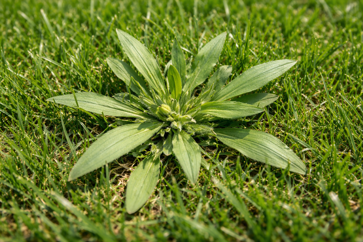 Close-up of crabgrass growing in a lawn showing its wide flat blades and spreading growth pattern