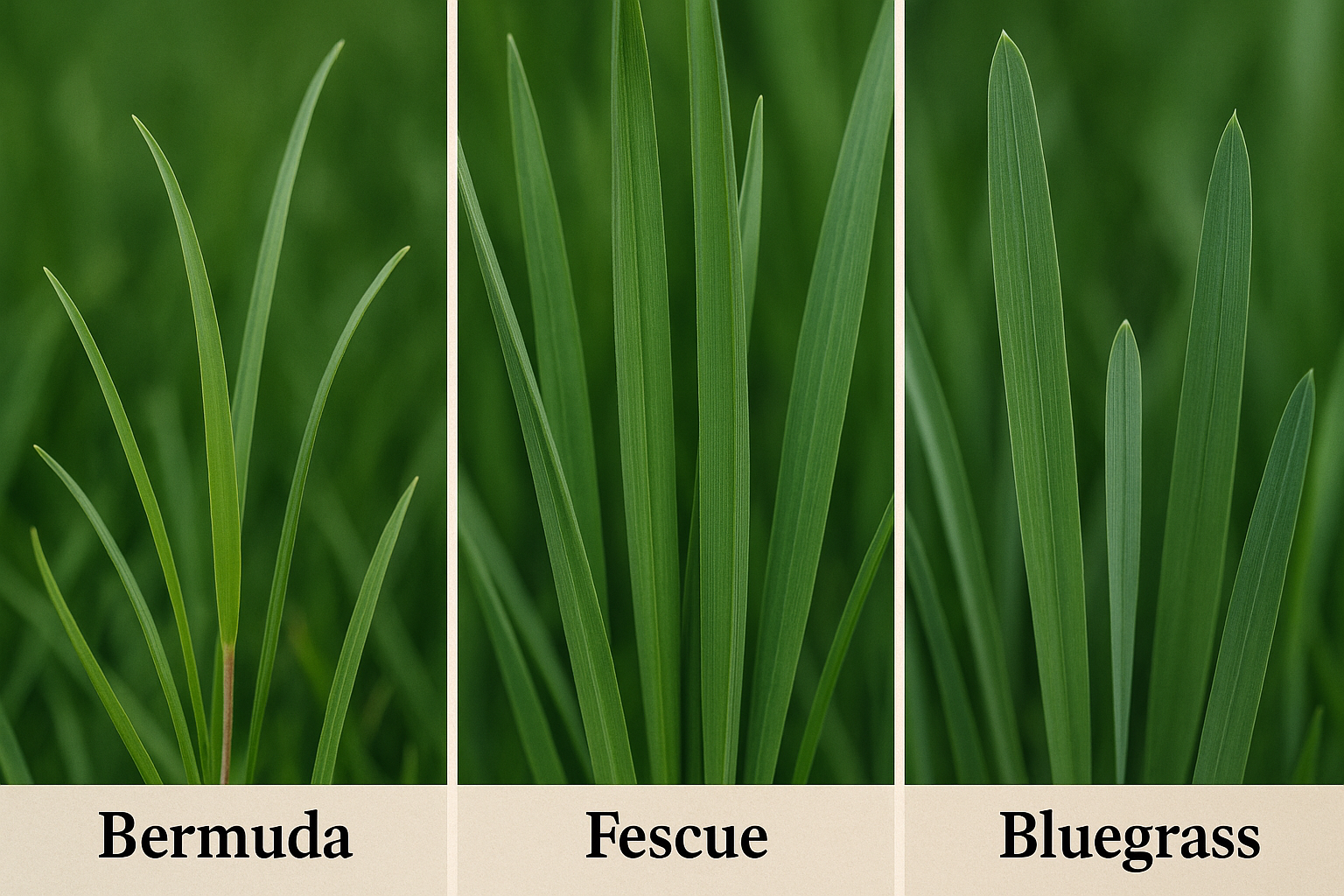 Side by side comparison of bermuda, fescue, and bluegrass showing distinct blade shapes