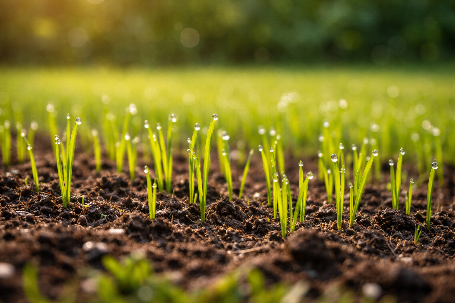 Close-up of young grass seedlings emerging from dark soil with morning dew drops