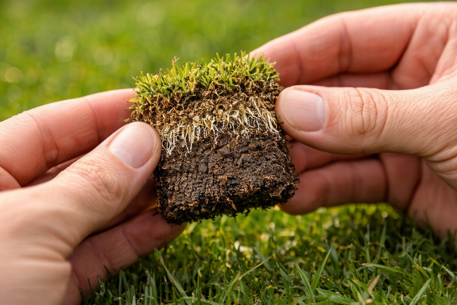 Close-up of hands holding a soil core plug pulled from a green lawn showing soil layers and roots